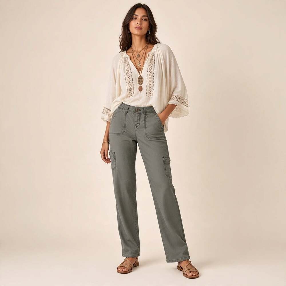 Level 99 Linen Tencel Cargo Pants Size 26 Sage Green Tapered